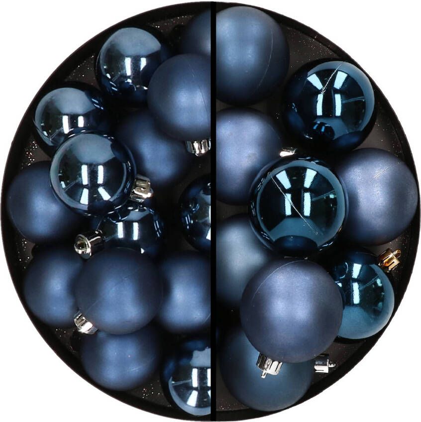 Decoris 28x stuks kunststof kerstballen donkerblauw 4 en 6 cm Kerstbal