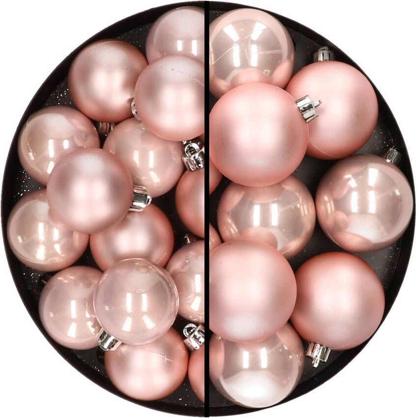 Decoris 28x stuks kunststof kerstballen lichtroze 4 en 6 cm Kerstbal