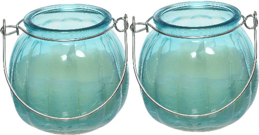 Decoris 2x citronella kaarsen in glas 15 branduren D8 x H8 cm blauw geurkaarsen