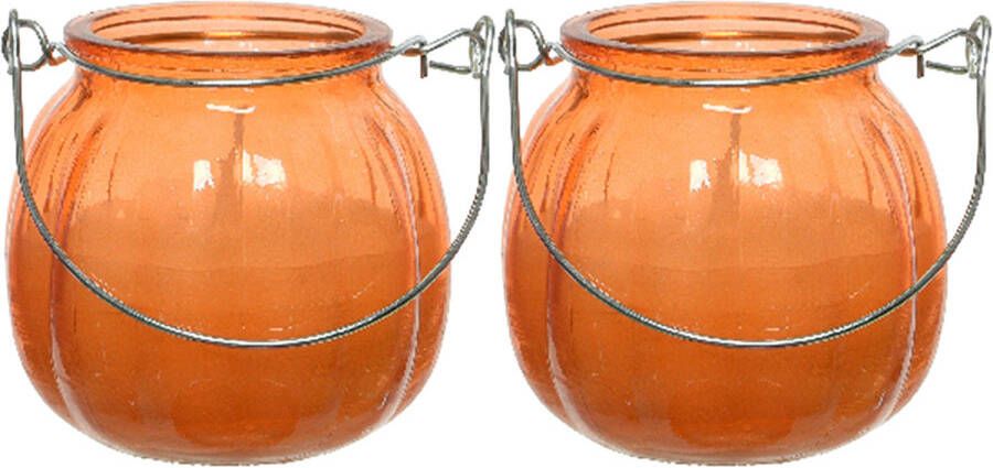 Decoris 2x citronella kaarsen in glas 15 branduren D8 x H8 cm oranje geurkaarsen