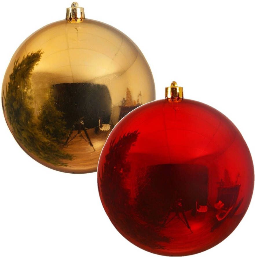 Decoris 2x Grote kerstballen goud en rood van 25 cm glans van kunststof Kerstbal