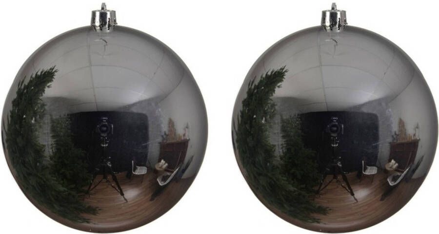 Decoris 2x Grote raam deur kerstboom decoratie zilveren kerstballen 20 cm glans Kerstbal