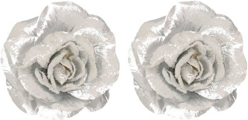 Decoris 2x Kerst hangdecoratie op clip zilver bloempje roosje 12 cm Kersthangers