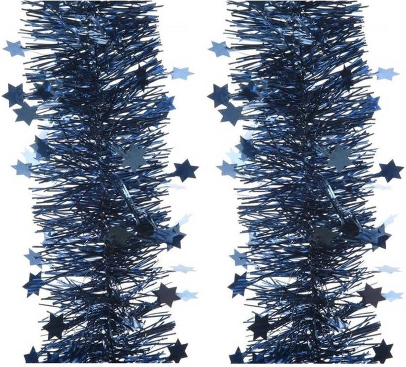 Decoris 2x Kerst lametta guirlande donkerblauw sterren glinsterend 10 x 270 cm kerstboom versiering decoratie Kerstslingers