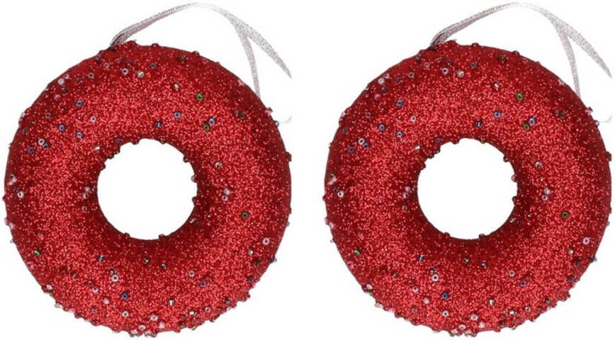 Decoris 2x Kersthangers figuurtjes donut kerst rood met kraaltjes 10 cm Kersthangers