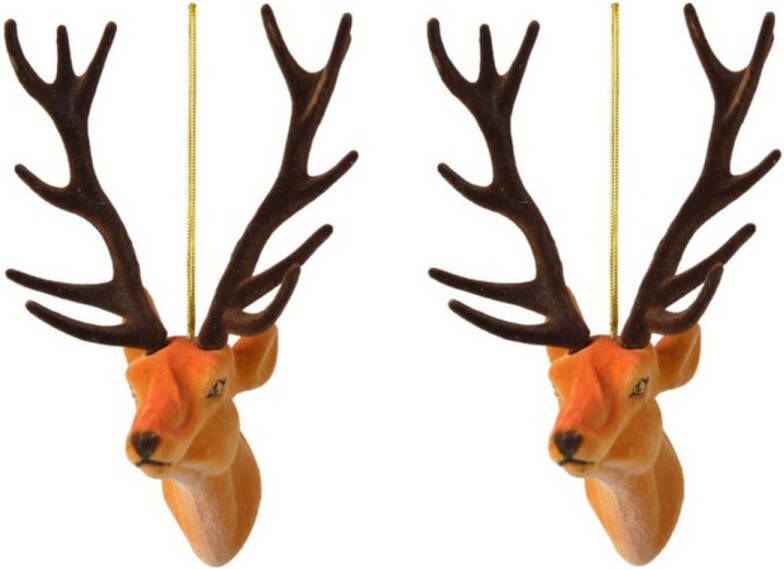 Decoris 2x Kerstboomhangers bruine herten 13 cm kerstversiering Kersthangers
