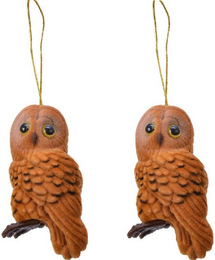 Decoris 2x Kerstboomhangers bruine uilen 8 cm kerstversiering Kersthangers