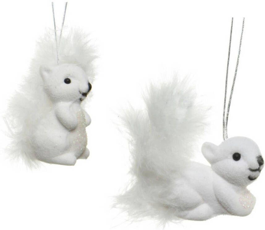 Decoris 2x Kerstboomhangers witte eekhoorns 6 cm kerstversiering Kersthangers