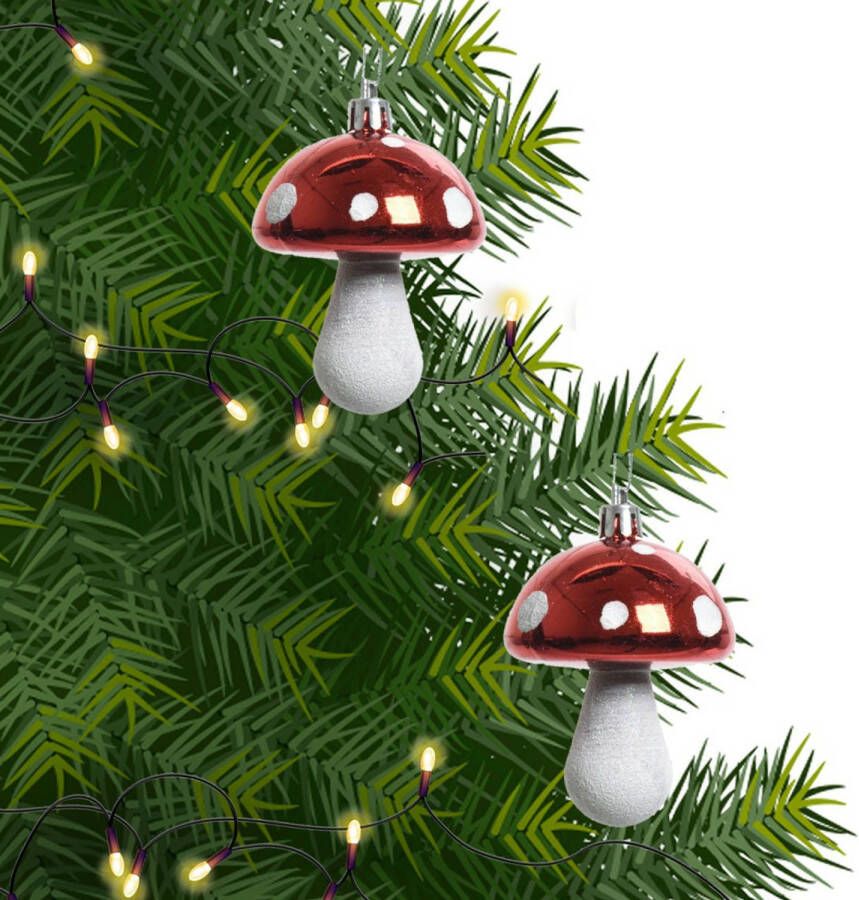 Decoris 2x Kerstboomversiering paddenstoel ornamenten rood 7 cm Kersthangers