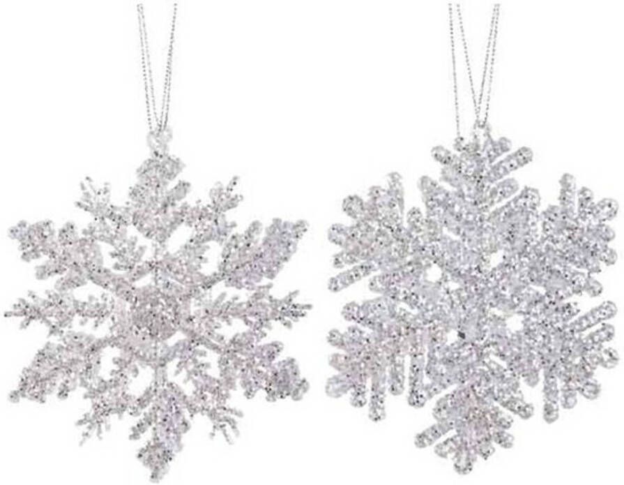 Decoris 2x Kersthangers figuurtjes zilveren sneeuwvlok ster 12 cm glitte Kersthangers