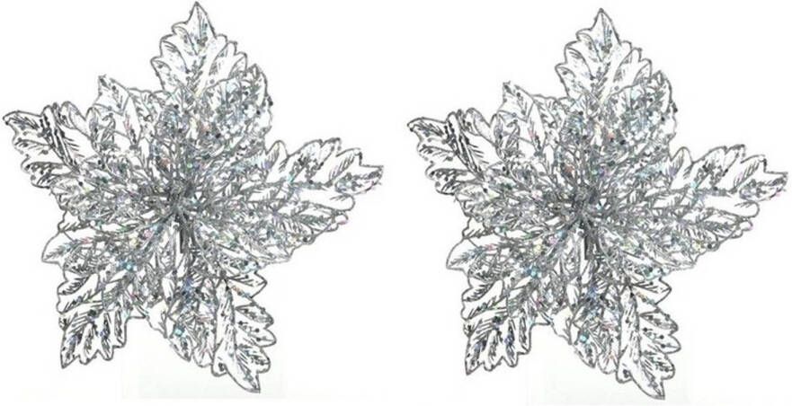 Decoris 2x Kerstversieringen glitter kerstster zilver op clip 23 x 10 cm Kersthangers
