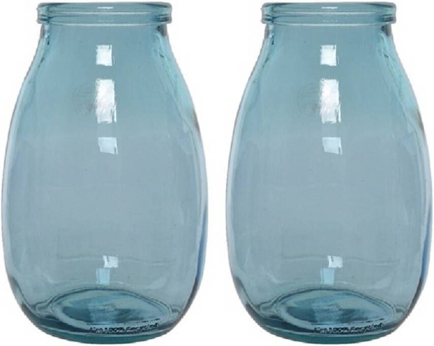 Decoris 2x stuks blauwe vazen bloemenvazen van gerecycled glas 18 x 28 cm Vazen