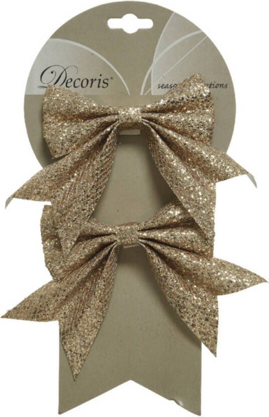 Decoris 2x stuks decoratie strikjes strikken champagne glitter op clip 18 5 x 14 cm Kersthangers
