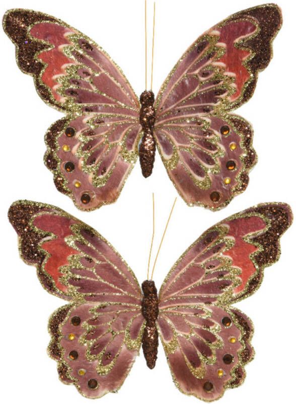 Decoris 2x stuks decoratie vlinders op clip glitter bruin 18 cm Kersthangers