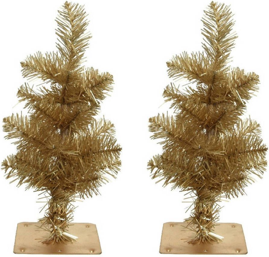 Decoris 2x stuks gouden kunst kerstbomen kunstbomen 35 cm met metalen voet Kunstkerstboom