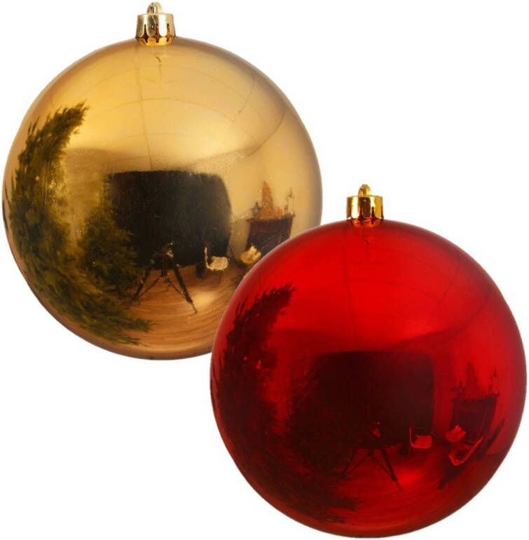 Decoris 2x stuks grote kerstballen van 20 cm glans van kunststof goud en rood Kerstbal