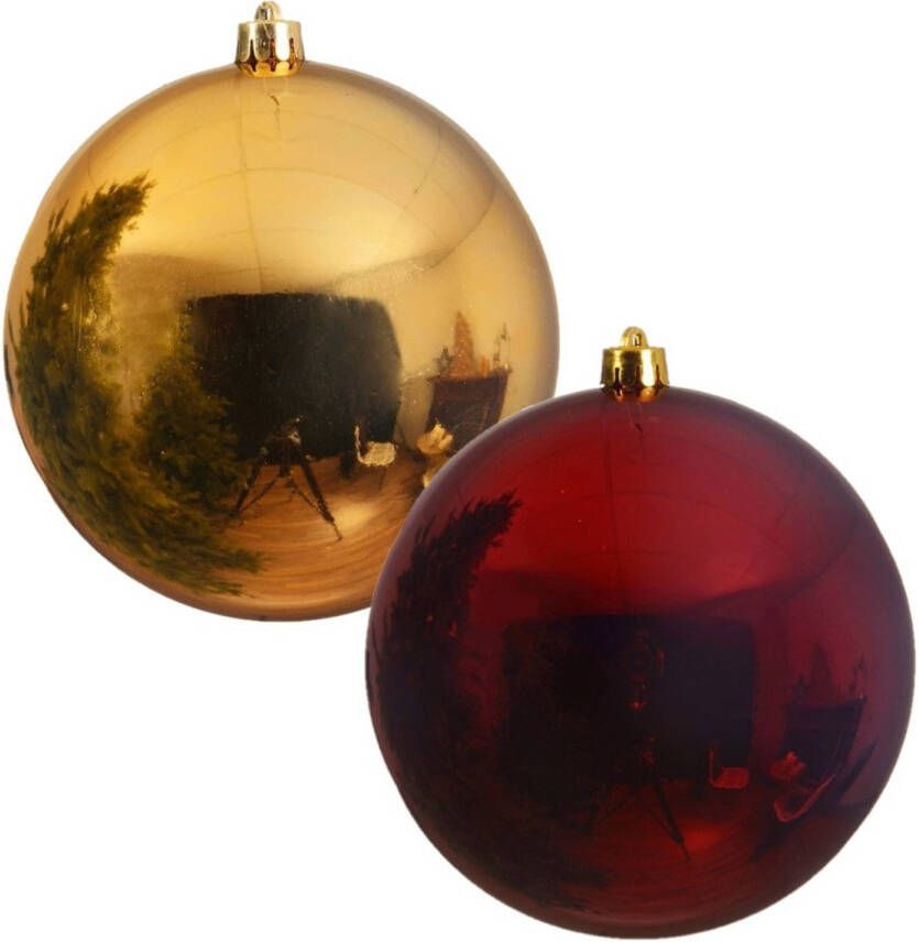 Decoris 2x stuks grote kerstballen van 20 cm glans van kunststof goud en rood Kerstbal