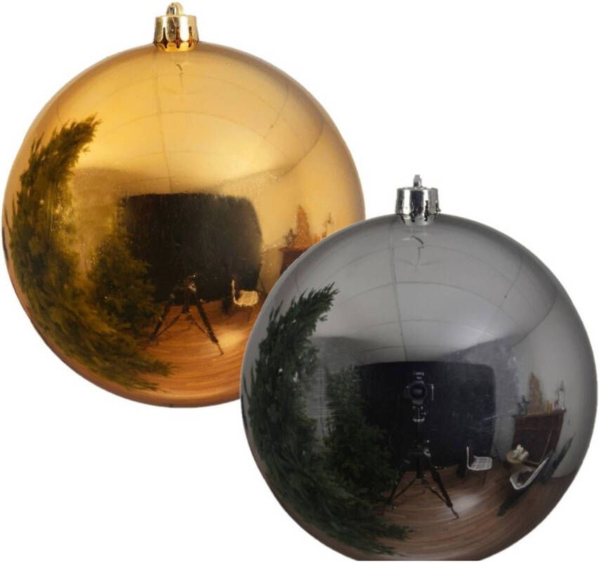 Decoris 2x stuks grote kerstballen van 20 cm glans van kunststof goud en zilver Kerstbal
