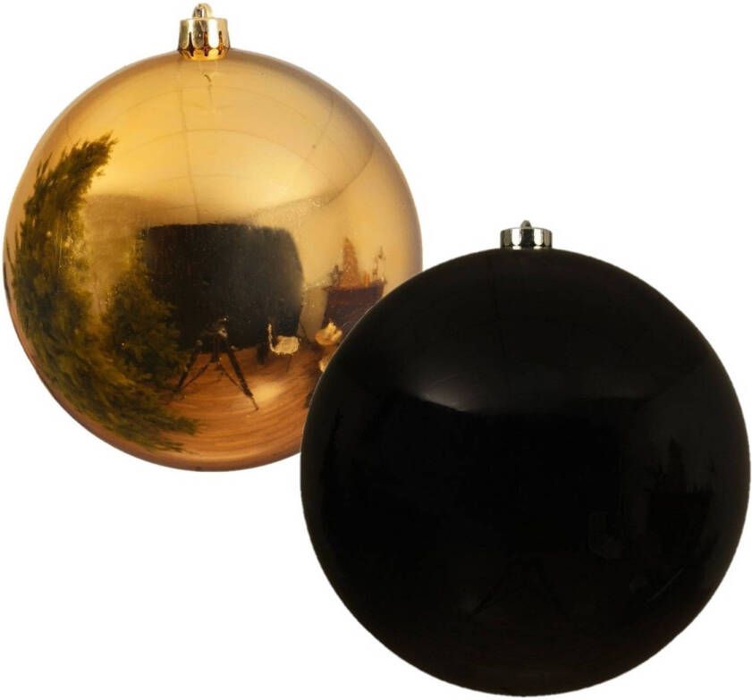 Decoris 2x stuks grote kerstballen van 20 cm glans van kunststof goud en zwart Kerstbal