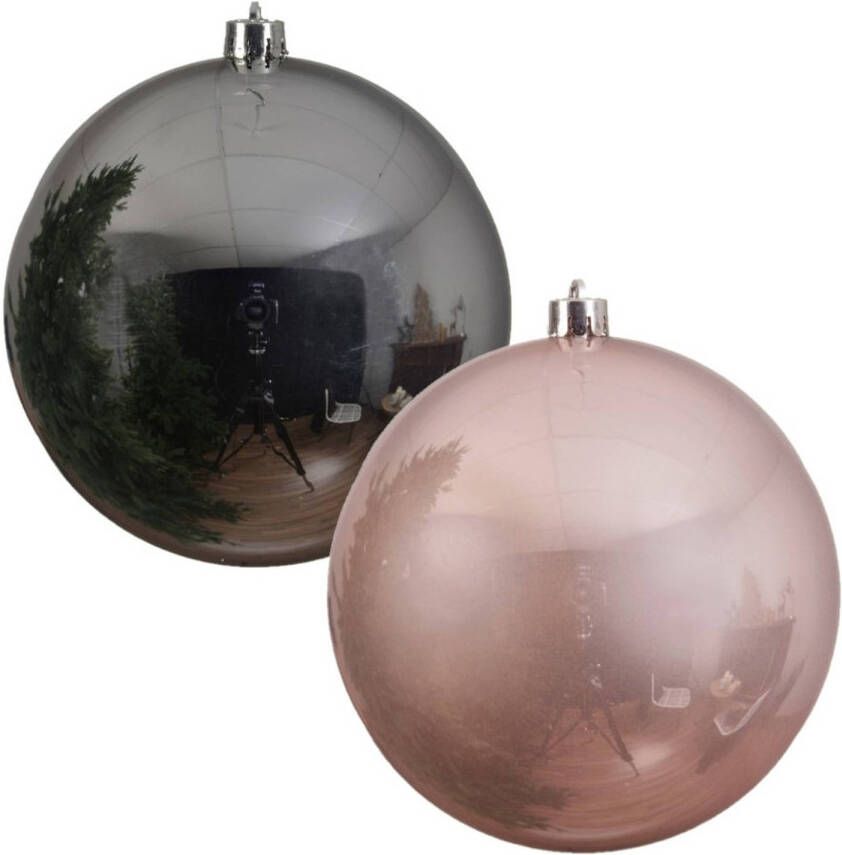 Decoris 2x stuks grote kerstballen van 20 cm glans van kunststof roze en zilver Kerstbal
