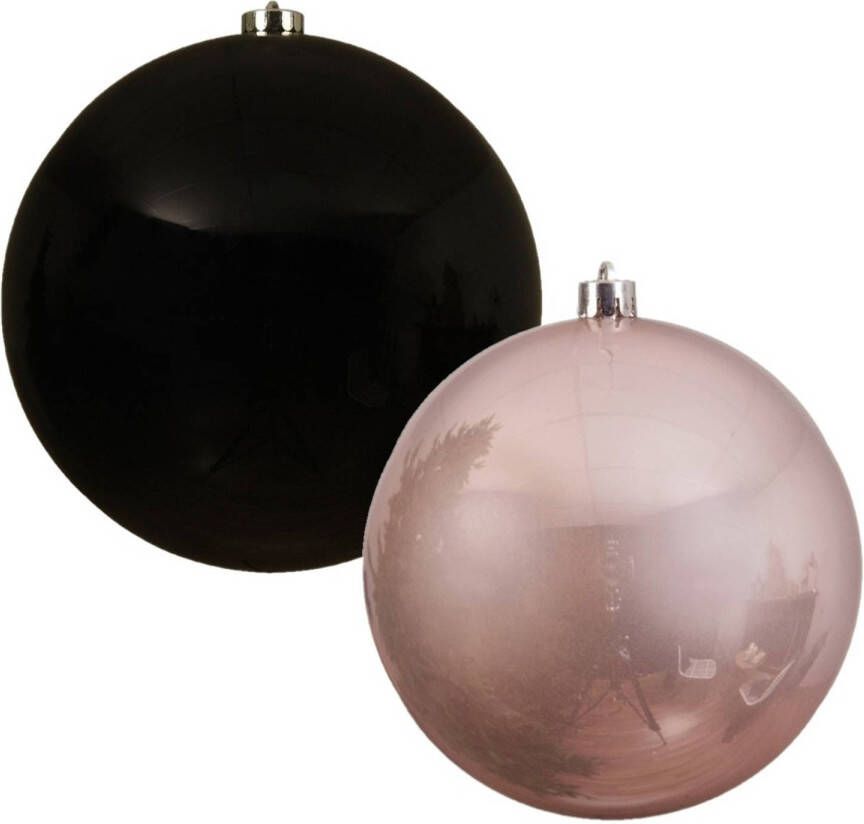 Decoris 2x stuks grote kerstballen van 20 cm glans van kunststof roze en zwart Kerstbal