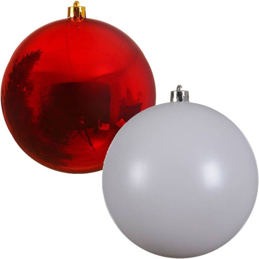 Decoris 2x stuks grote kerstballen van 20 cm glans van kunststof wit en rood Kerstbal
