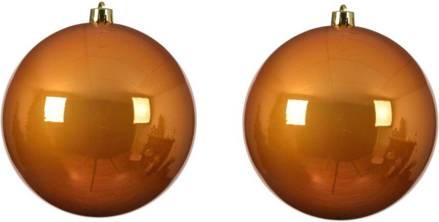 Decoris 2x stuks grote kunststof kerstballen cognac bruin (amber) 20 cm glans Kerstbal