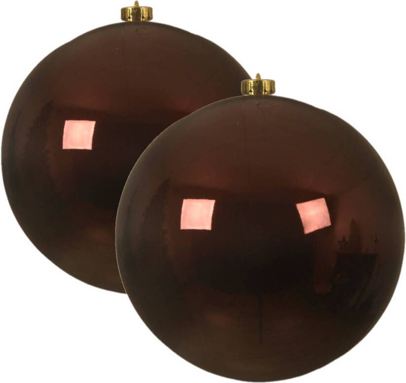 Decoris 2x stuks grote kunststof kerstballen mahonie bruin 14 cm glans Kerstbal