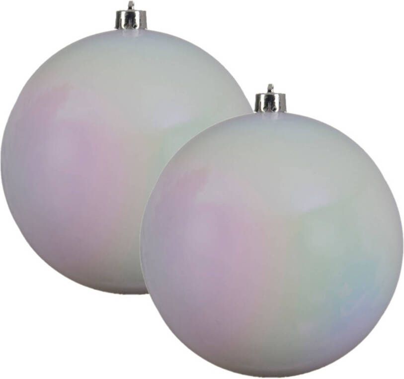 Decoris 2x stuks grote kunststof kerstballen parelmoer wit 14 cm glans Kerstbal