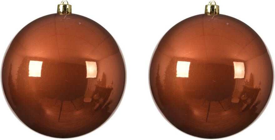 Decoris 2x stuks grote kunststof kerstballen terra bruin 20 cm glans Kerstbal
