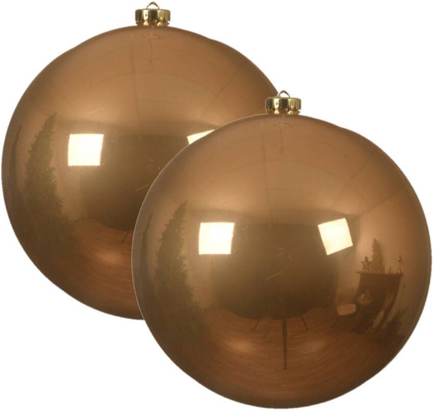 Decoris 2x stuks grote kunststof kerstballen toffee bruin 14 cm glans Kerstbal