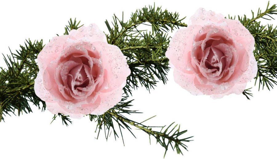 Decoris 2x stuks kerstboom bloemen rozen op clip poeder roze 14 cm Kersthangers