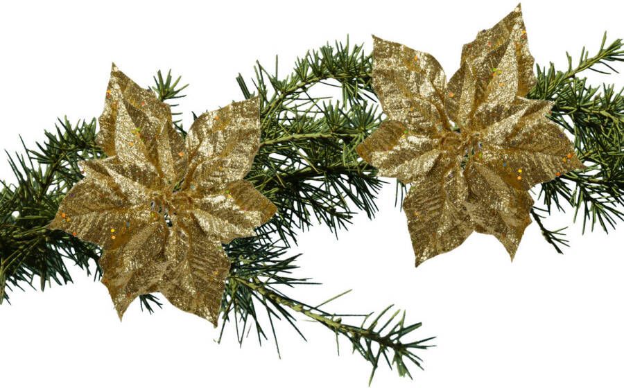 Decoris 2x stuks kerstboom decoratie bloemen goud glitter op clip 23 cm Kersthangers