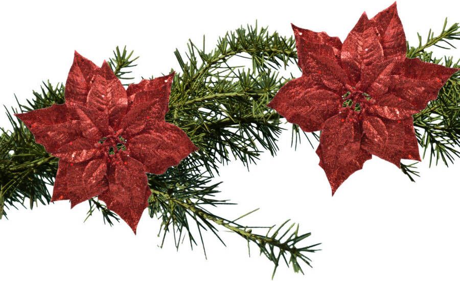 Decoris 2x stuks kerstboom decoratie bloemen rood glitter op clip 23 cm Kersthangers