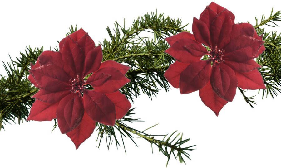Decoris 2x stuks kerstboom decoratie bloemen rood glitter op clip 24 cm Kersthangers