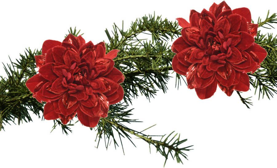 Decoris 2x stuks kerstboom decoratie bloemen velvet rood op clip 16 cm Kersthangers