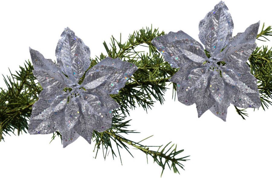 Decoris 2x stuks kerstboom decoratie bloemen zilver glitter op clip 23 cm Kersthangers