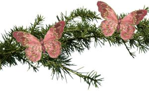 Decoris 2x Stuks Kerstboom Decoratie Vlinders Op Clip Glitter Roze 18 Cm Kersthangers