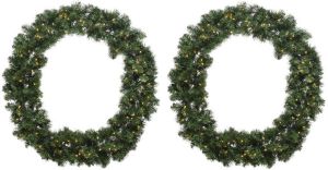 Decoris 2x stuks kerstkransen dennenkransen groen met warm witte verlichting en timer 50 cm Kerstkransen