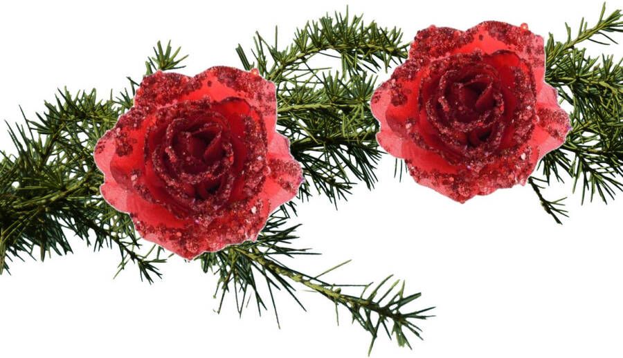 Decoris 2x stuks kerstversiering glitter bloemen rozen met clip rood 14 cm Kunstbloemen