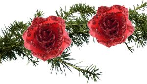 Decoris 2x Stuks Kerstversiering Glitter Bloemen rozen Met Clip Rood 14 Cm Kunstbloemen
