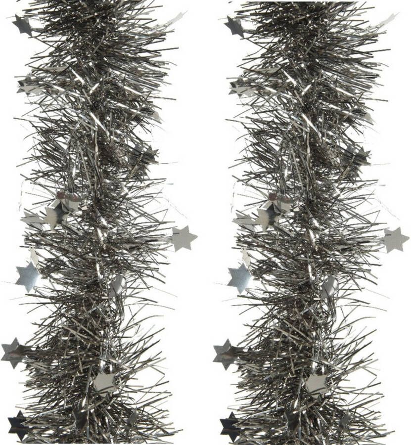 Decoris 2x stuks lametta kerstslingers met sterretjes antraciet (warm grey) 270 x 10 cm Kerstslingers