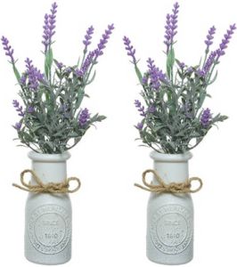 Decoris 2x stuks lichtpaarse Lavandula lavendel kunstplant 32 cm in witte pot Kunstplanten nepplanten Kunstplanten
