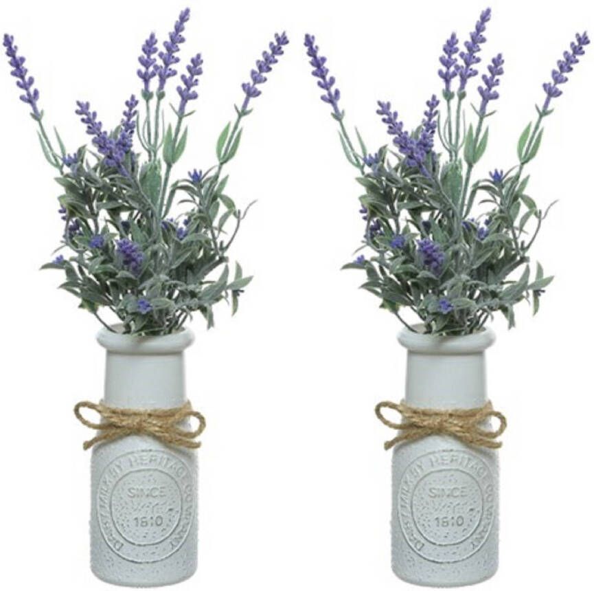 Decoris 2x stuks paarse Lavandula lavendel kunstplant 32 cm in witte pot Kunstplanten nepplanten Kunstplanten