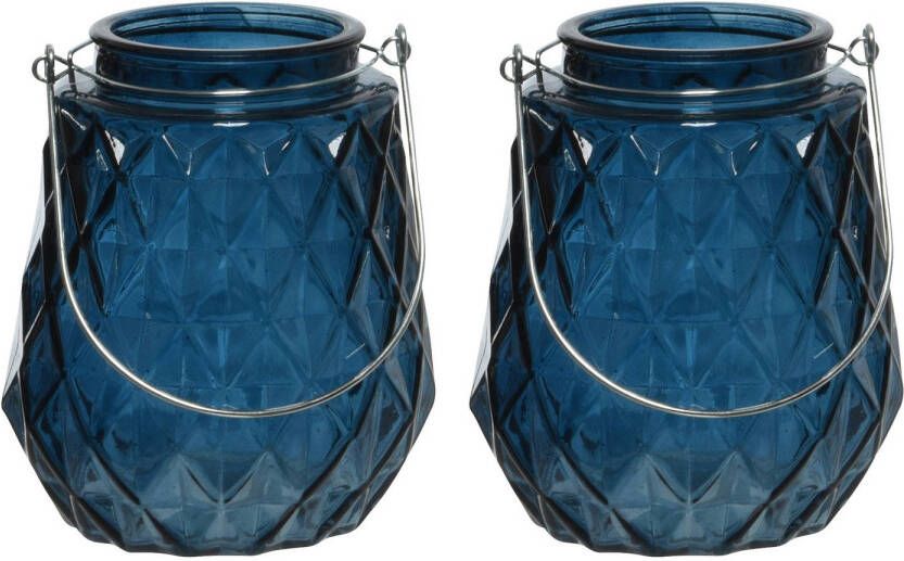 Decoris 2x stuks theelichthouders waxinelichthouders ruitjes glas donkerblauw met metalen handvat 11 x 13 cm Waxinelichtjeshou