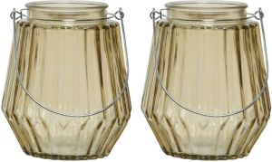 Decoris 2x stuks theelichthouders waxinelichthouders streepjes glas taupe met metalen handvat 11 x 13 cm Windlichtjes kaarsenhouders Waxinelichtjeshouders