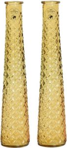 Decoris 2x stuks vazen bloemenvazen van gerecycled glas D7 x H32 cm geel Vazen