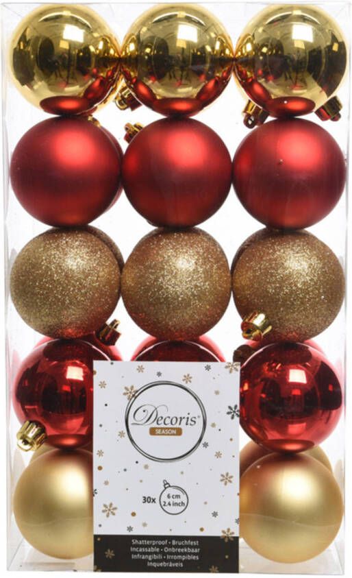Decoris Kerstboom decoratie kerstballen mix goud rood 30 stuks 6 cm Kerstbal