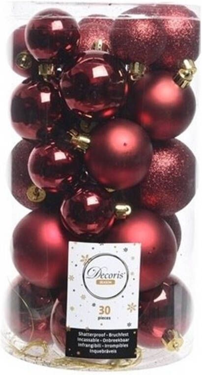 Decoris 30x Kunststof kerstballen glanzend mat glitter donkerrode kerstboom versiering decoratie Kerstbal