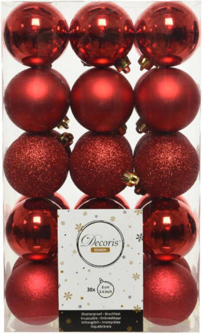 Decoris 30x Kunststof kerstballen mix kerst rood 6 cm kerstboom versiering decoratie Kerstbal